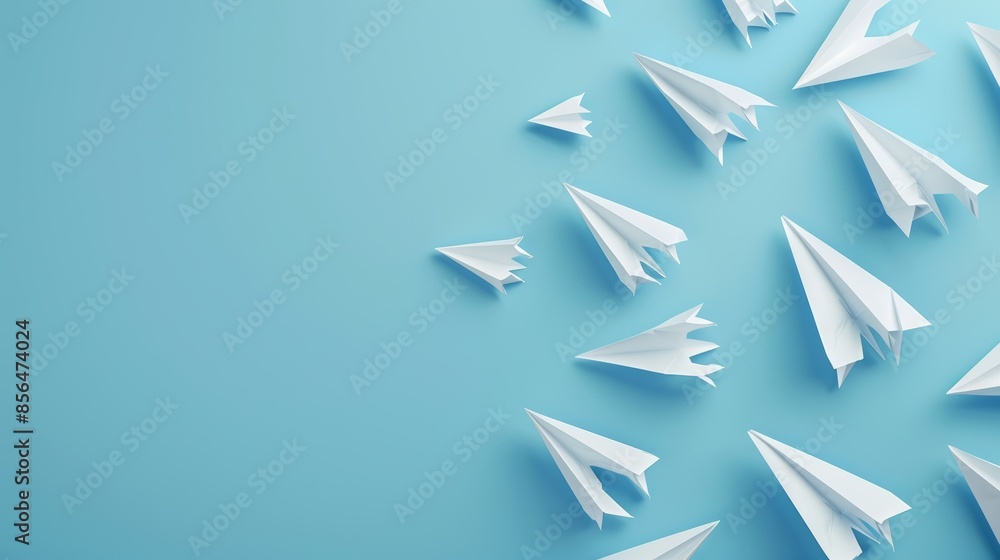 Collection of Paper Airplanes on a Light Blue Background, Shot in Minimalist Style with a Soothing Atmosphere Collection of Paper Airplanes on a Light Blue Background, Shot in Minimalist Style with a Soothing Atmosphere
