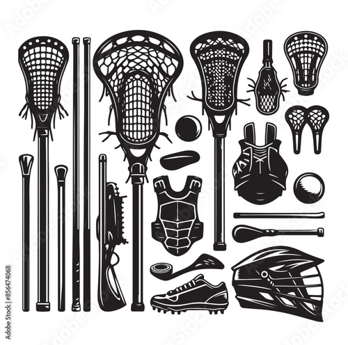 silhouette set of lacrosse equipment set. lacrosse player, sport.vector illustration.