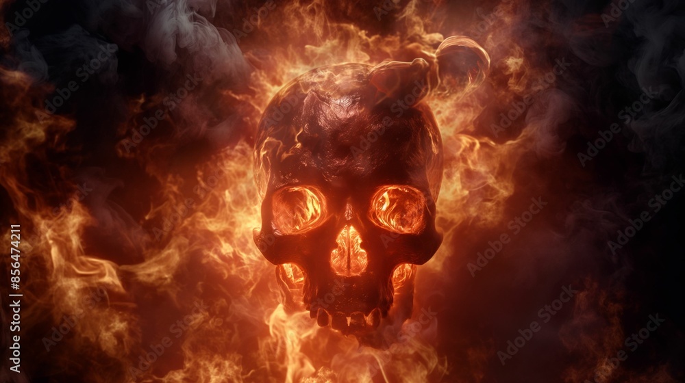 Burning skull engulfed in flames and surrounded by dark smoke. Burning skull engulfed in flames and surrounded by dark smoke.