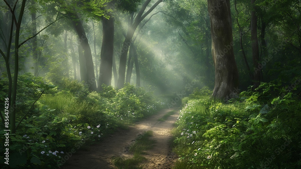 Pathway through dense forest with sunlight streaming through the trees. Pathway through dense forest with sunlight streaming through the trees.