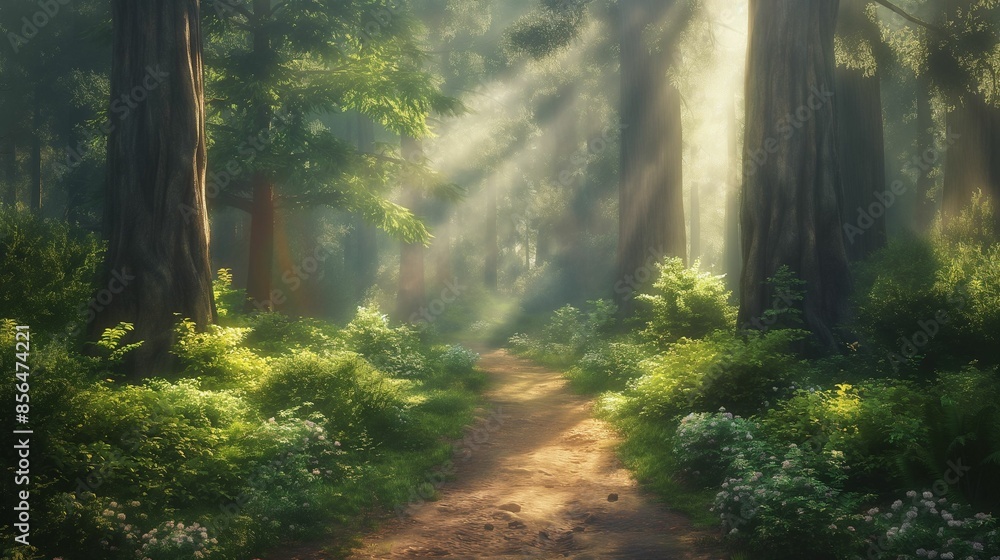 Obraz premium Pathway through dense forest with sunlight streaming through the trees.