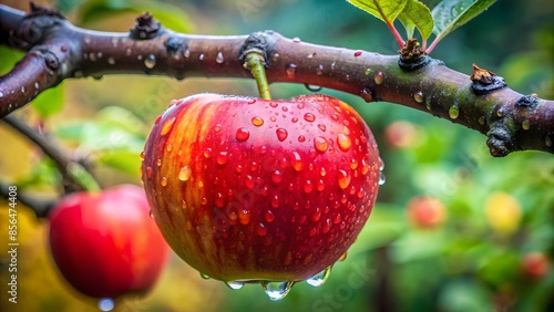 A Beautiful, Crisp, Red Apple Hangs From A Branch, Covered In Morning Dew. photo