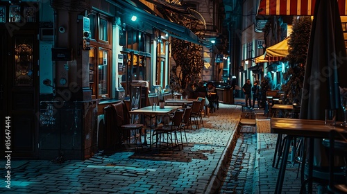 Street cafe on the old streets of the night city : Generative AI photo
