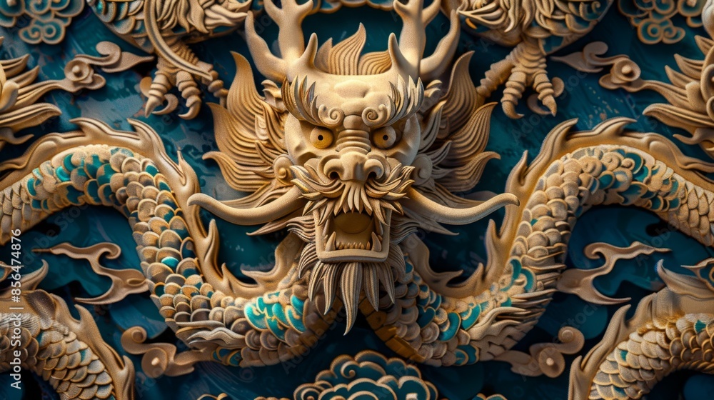 Fototapeta premium Golden Dragon Carving Generative AI