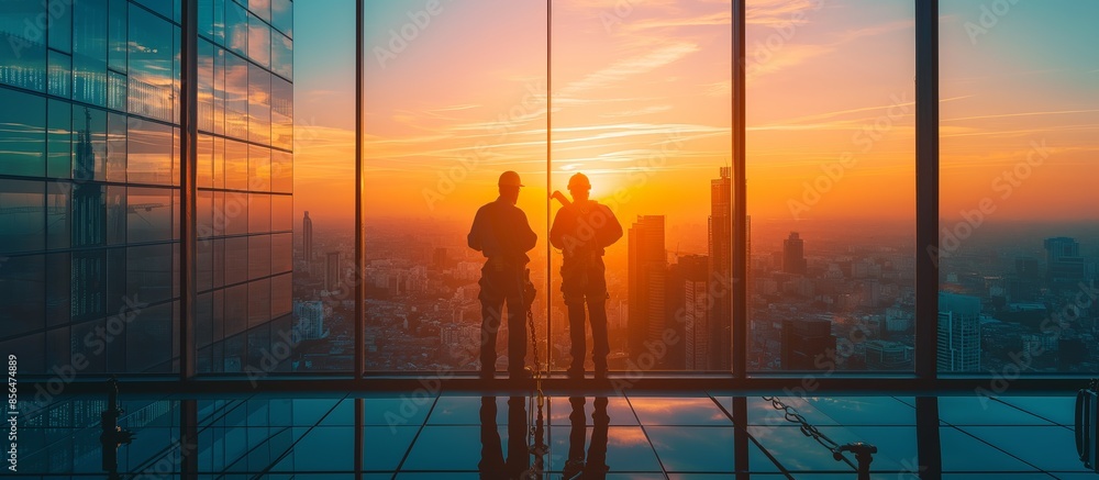 Silhouette Workers in Skyscraper at Sunset: Urban Skyline View Silhouette Workers in Skyscraper at Sunset: Urban Skyline View