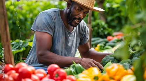 African guy trying out organic produce at farmers market mature man fruits and vegetables vendor offering his homegrown produce Selling organic garden fresh food at local farmers marke : Generative AI photo
