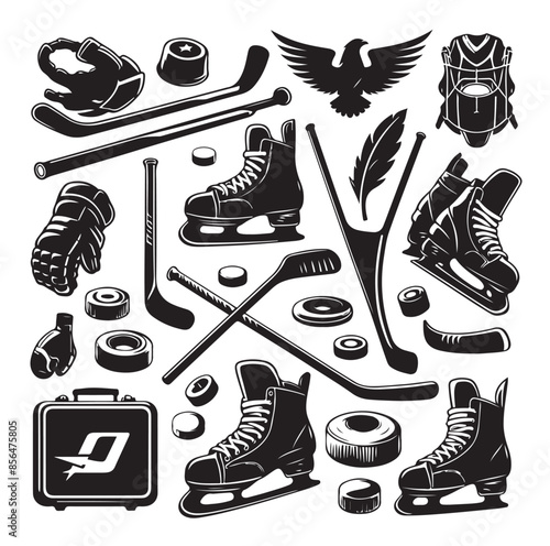 Canvas Print Set of ice hockey player and equipment icon