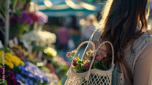 Cropped shot of young woman with an eco friendly string bag buying flowers on a local produce farmers market Close up copy space background : Generative AI photo