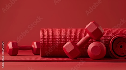 Red Fitness Equipment Set with Dumbbells, Yoga Mat, and Exercise Roller photo