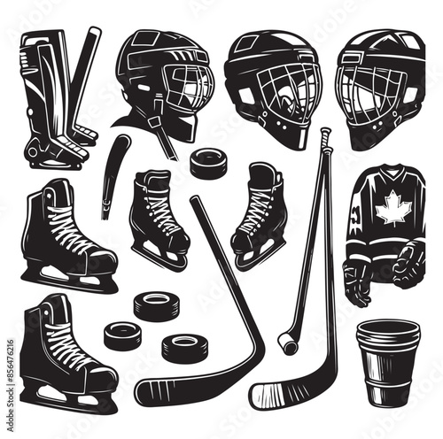 Set of ice hockey player and equipment icon. Vector illustration. Set include: player, helmet, sticks, goalkeeper, puck and skates silhouettes. Elements for badge, logo design