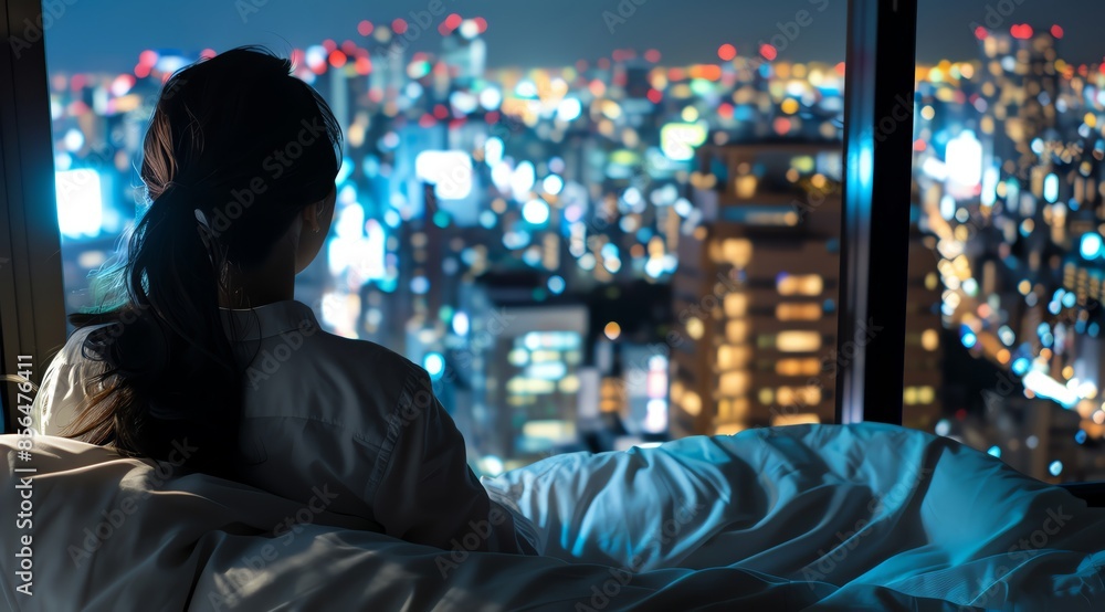 Photo of a woman in bed looking at the city skyline from her luxury hotel room in Tokyo at night Photo of a woman in bed looking at the city skyline from her luxury hotel room in Tokyo at night
