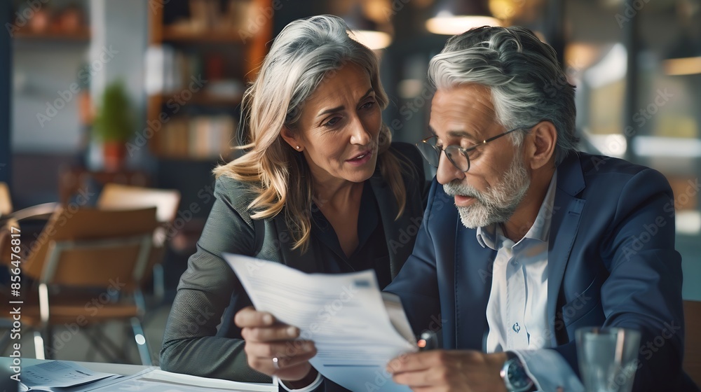 Mature 50s age Latin business man mentoring mid age European business woman discussing project with documents in office Colleagues group of partners professional business people workin : Generative AI Mature 50s age Latin business man mentoring mid age European business woman discussing project with documents in office Colleagues group of partners professional business people workin : Generative AI