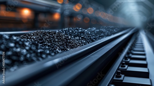Coal chunks on a conveyor belt, motion blur, dark industrial ambiance, photo