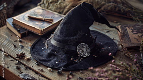 Witch's hat with silver buckle on old wooden table, surrounded by spell books and dried herbs.