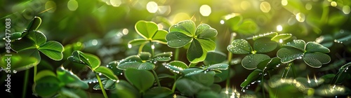 A beautiful St Patrick's Day background with dewy clover leaves in the foreground, creating an ethereal atmosphere with bokeh and sunlight photo