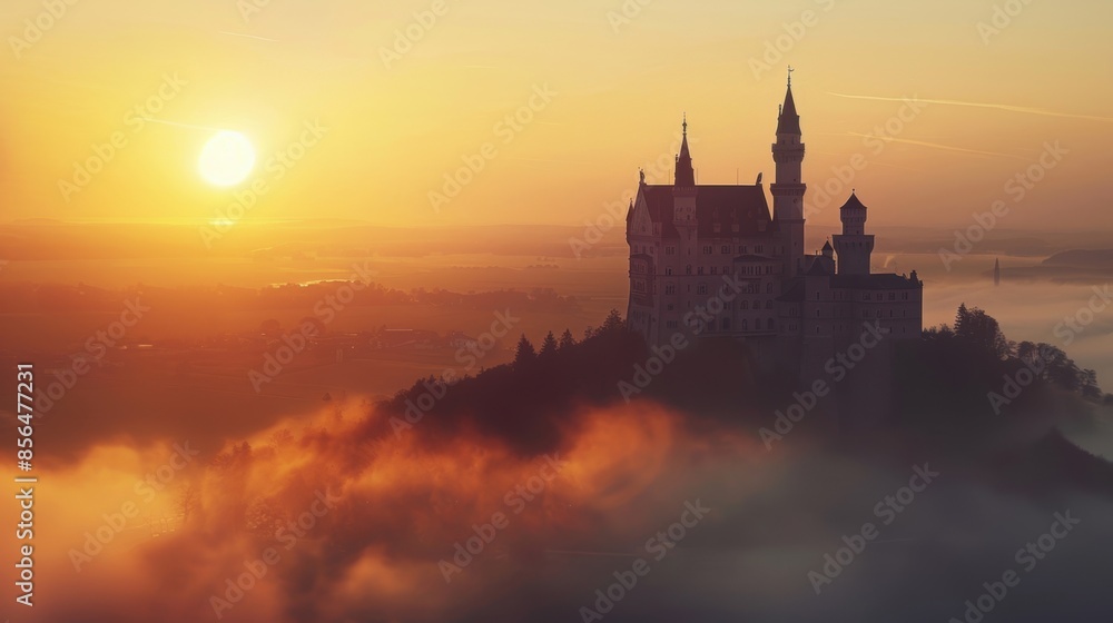 A majestic castle silhouette against a golden sunrise, surrounded by mist and a scenic landscape, creating a fairy-tale atmosphere. A majestic castle silhouette against a golden sunrise, surrounded by mist and a scenic landscape, creating a fairy-tale atmosphere.