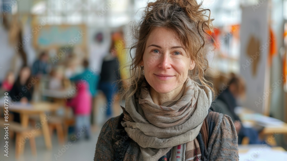 A woman smiling warmly in a busy indoor market, with people and stalls in the background, creating a lively atmosphere. A woman smiling warmly in a busy indoor market, with people and stalls in the background, creating a lively atmosphere.