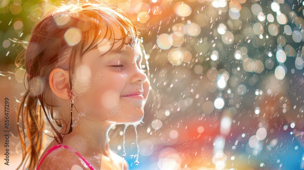 A joyful child enjoying a water splash with a radiant smile, highlighting a fun and carefree summer moment. A joyful child enjoying a water splash with a radiant smile, highlighting a fun and carefree summer moment.
