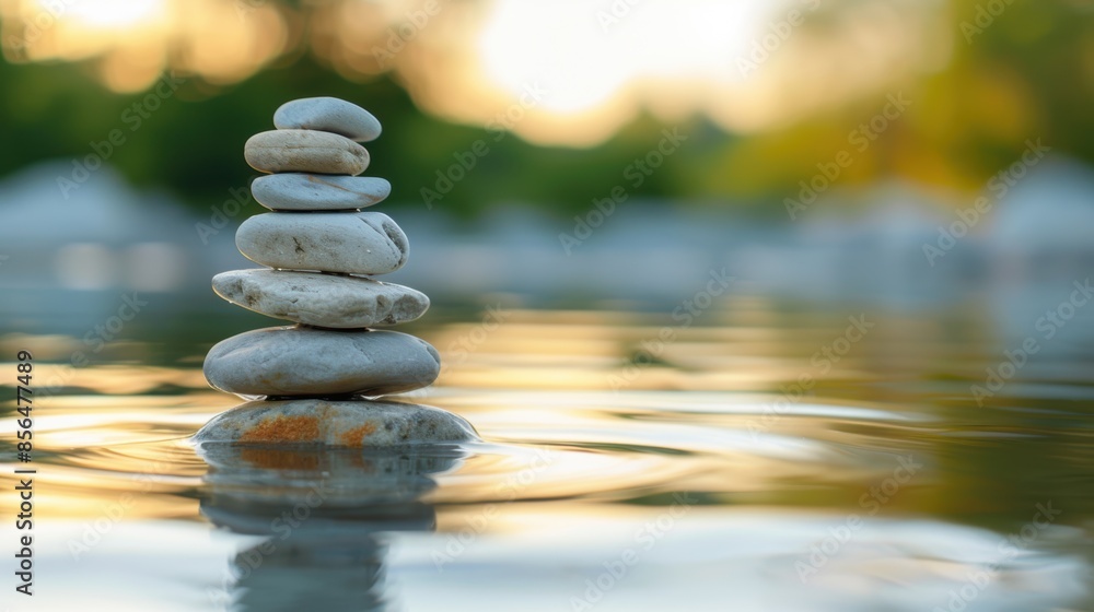 Obraz premium A stack of smooth stones balanced in calm water, symbolizing peace and tranquility in a natural setting.