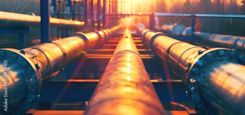 factory pipes.Sunlight streaming through 