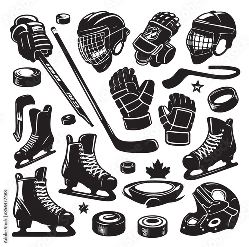 Set of ice hockey player and equipment icon. Vector illustration. Set include: player, helmet, sticks, goalkeeper, puck and skates silhouettes. Elements for badge, logo design