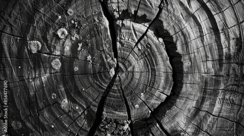 Close up photo of tree trunk reveals growth rings and deep fissures photo