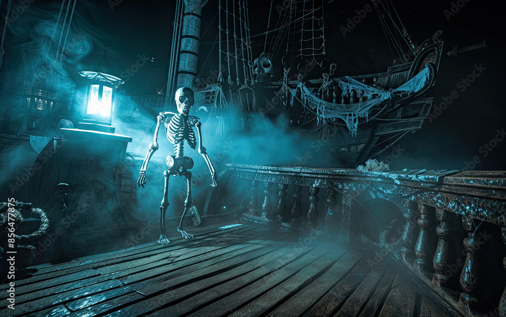 Skeleton pirate on old ship at night, haunted, ghostly glow, mist, cold eerie light, shadows.
