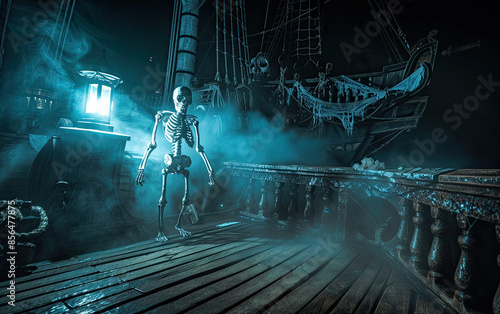 Obraz na płótnie Skeleton pirate on old ship at night, haunted, ghostly glow, mist, cold eerie light, shadows. w salonie