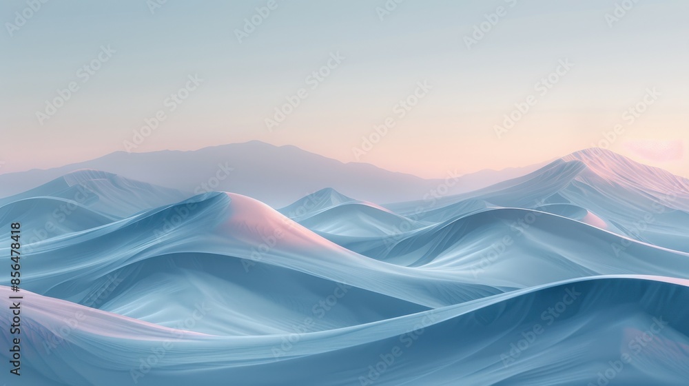 Serene blue sand dunes stretch into the horizon under a pastel sky with distant mountains, bathed in soft dawn light, creating a tranquil, otherworldly landscape. Serene blue sand dunes stretch into the horizon under a pastel sky with distant mountains, bathed in soft dawn light, creating a tranquil, otherworldly landscape.