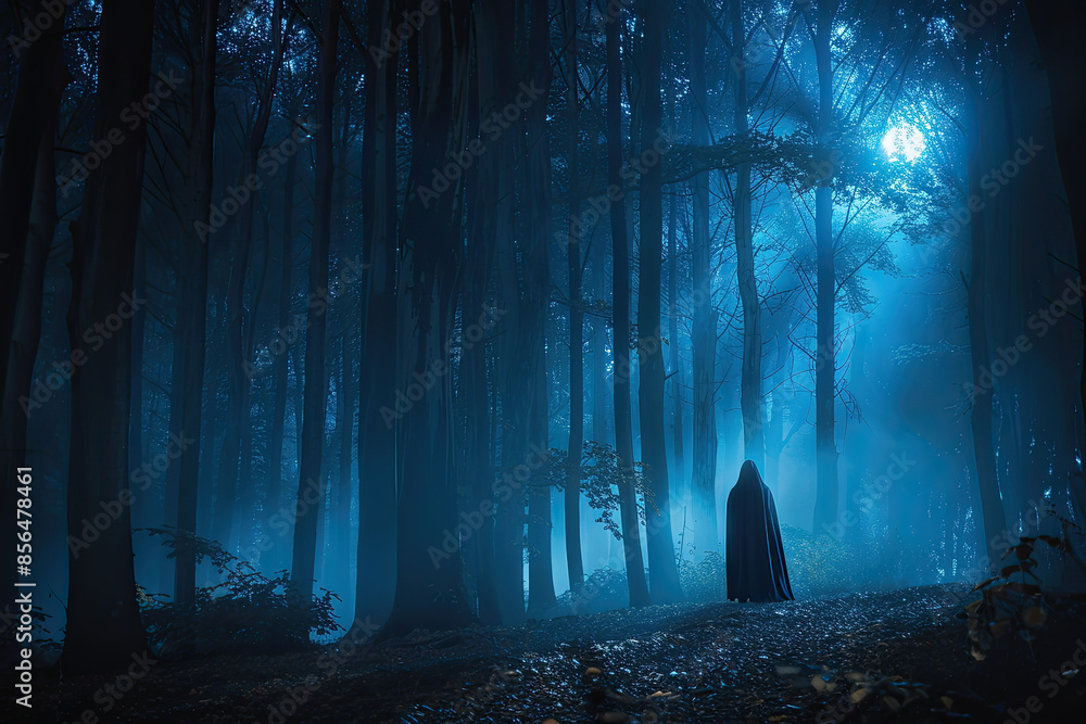 Mysterious cloaked figure on foggy forest path at night, full moon ...