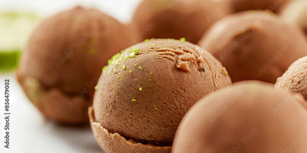 A closeup of exotic tamarind and lime sorbet, its brown and green hues and tangy flavor standing out against a white background A closeup of exotic tamarind and lime sorbet, its brown and green hues and tangy flavor standing out against a white background