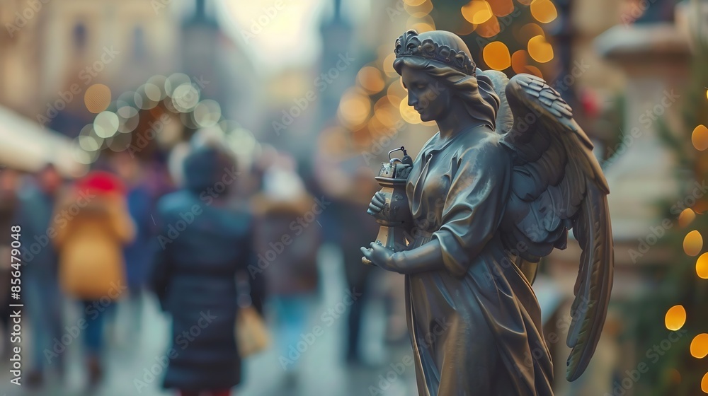 Fototapeta premium Statues souvenirs in the form of an angel hanging on the background of Prague Holiday a blurry crowd of people : Generative AI