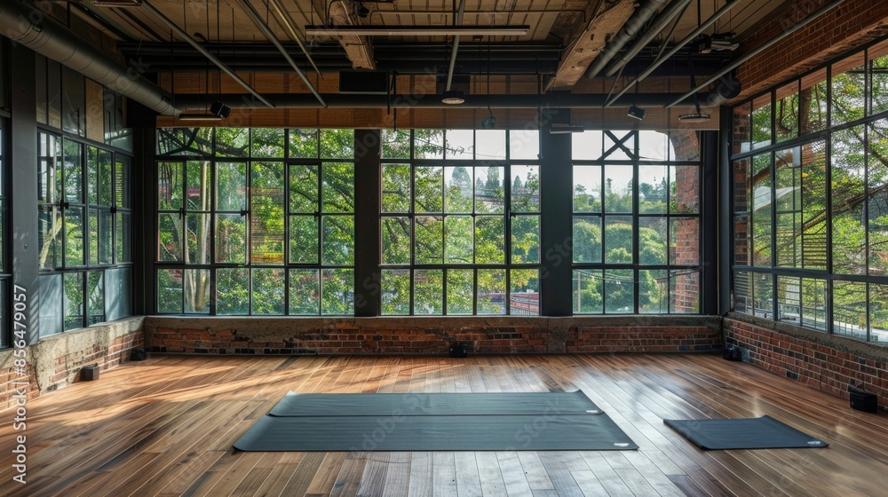 Modern Industrial Yoga Studio with Large Windows, Generative AI Modern Industrial Yoga Studio with Large Windows, Generative AI