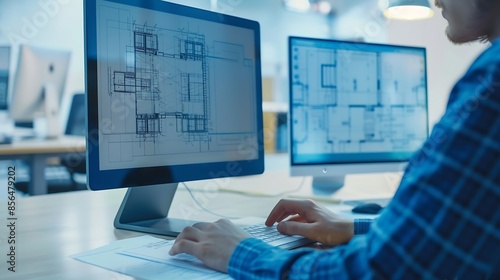 Wallpaper Mural Close up of architect using computer with 3D blueprints on screen copy space : Generative AI Torontodigital.ca