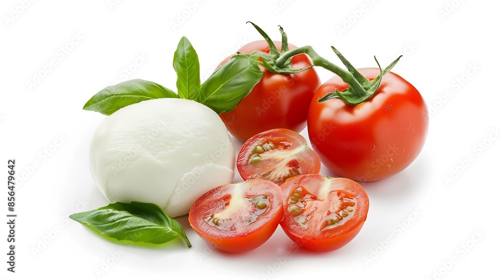 Mozzarella with tomatos and basil leaves isolated : Generative AI Mozzarella with tomatos and basil leaves isolated : Generative AI