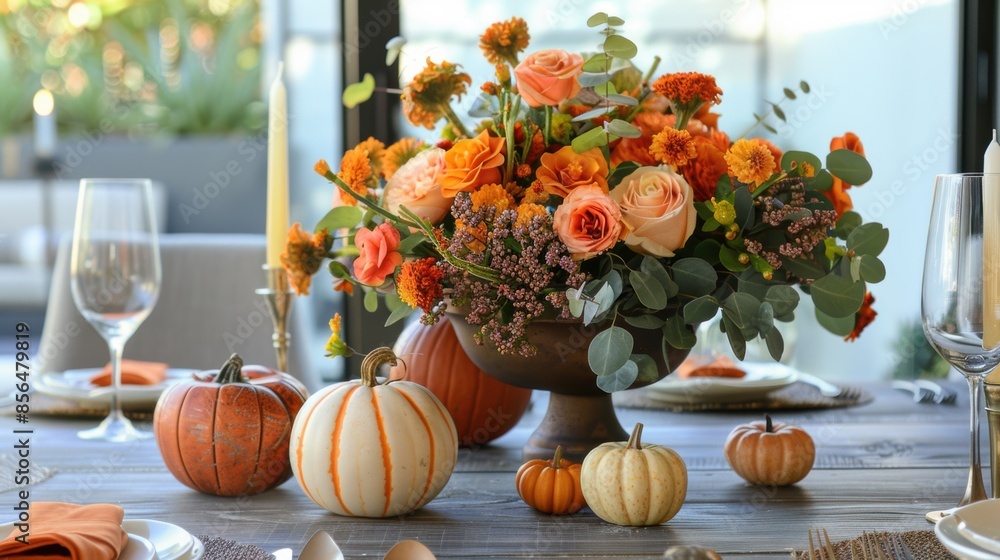 Elegant table setup featuring autumn flowers and pumpkins, perfect for a festive fall celebration or dinner gathering. Elegant table setup featuring autumn flowers and pumpkins, perfect for a festive fall celebration or dinner gathering.