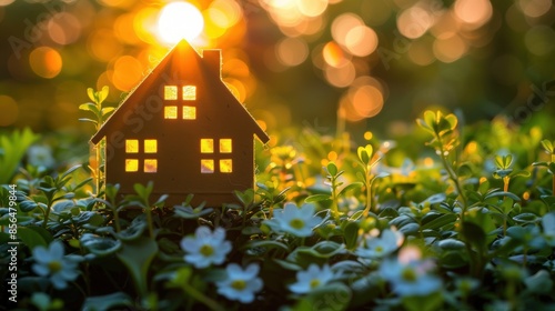 Wallpaper Mural A small model house with warm lights in its windows, situated in a sunlit garden surrounded by plants and flowers. Torontodigital.ca