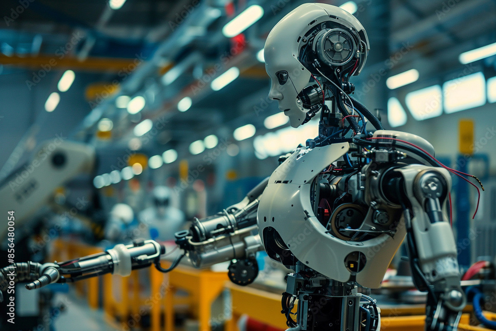 Fototapeta premium Robot human working at automobile factory, AI artificial intelligence