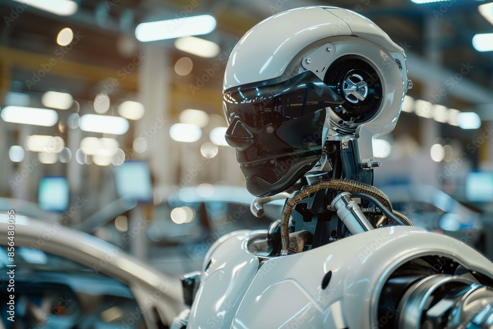 Robot human working at automobile factory, AI artificial intelligence Robot human working at automobile factory, AI artificial intelligence