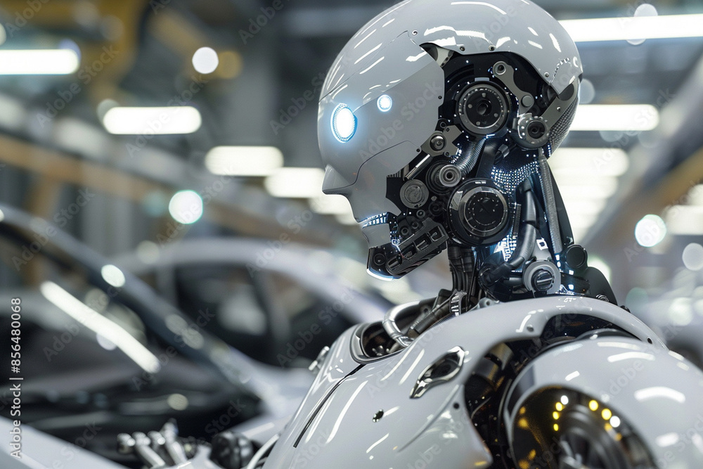 Fototapeta premium Robot human working at automobile factory, AI artificial intelligence
