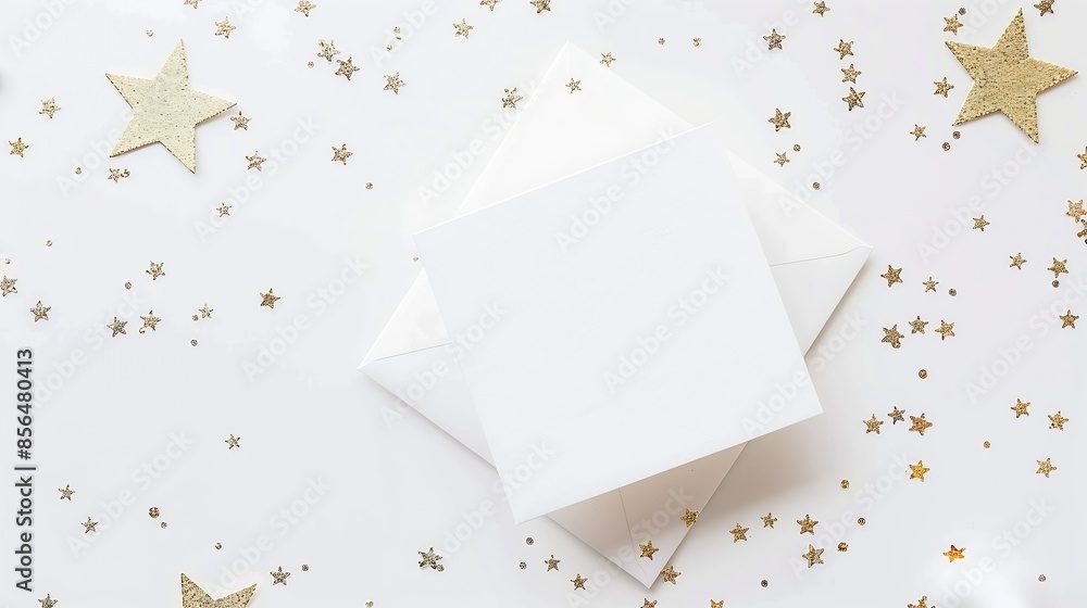 White blank paper square card mockup and golden various sizes stars confetti on white Christmas background Minimal Christmas or New year aesthetic template Flat lay top view : Generative AI White blank paper square card mockup and golden various sizes stars confetti on white Christmas background Minimal Christmas or New year aesthetic template Flat lay top view : Generative AI