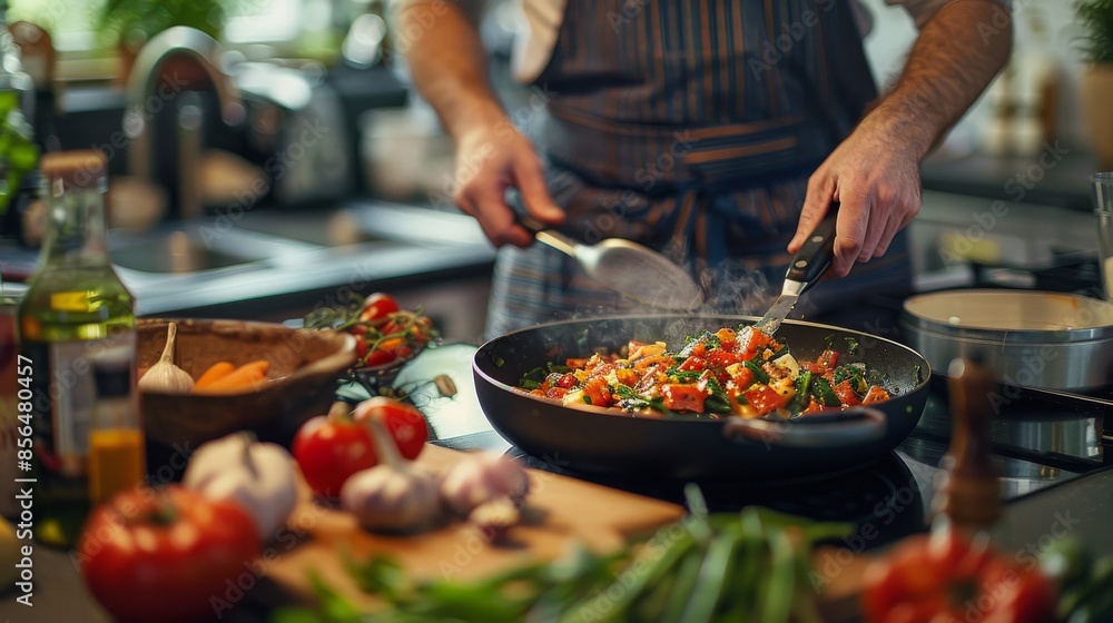A man cooking dinner in a modern kitchen, with fresh vegetables and ingredients spread out on the counter Generative AI A man cooking dinner in a modern kitchen, with fresh vegetables and ingredients spread out on the counter Generative AI