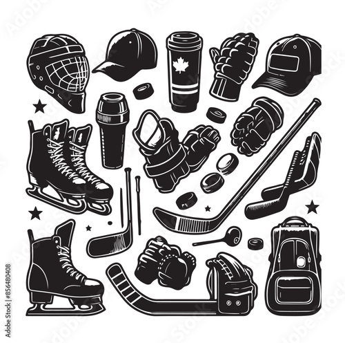 Set of ice hockey player and equipment icon. Vector illustration. Set include: player, helmet, sticks, goalkeeper, puck and skates silhouettes. Elements for badge, logo design