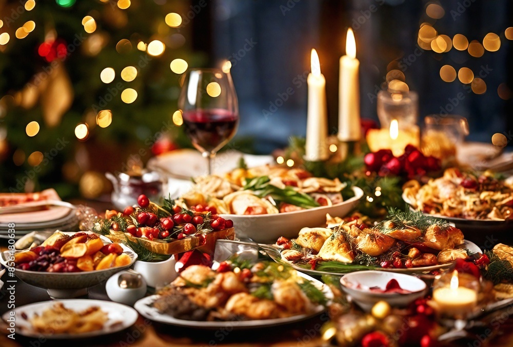 This is a festive Christmas dinner spread, beautifully arranged on a table This is a festive Christmas dinner spread, beautifully arranged on a table