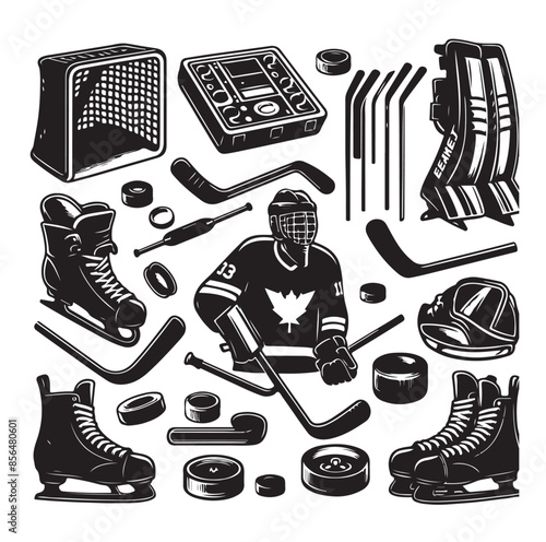 Photography Set of ice hockey player and equipment icon