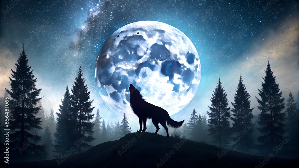 Wolf Howling at the Full Moon in a Forest Wolf Howling at the Full Moon in a Forest