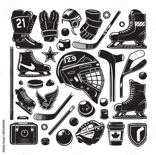 Set of ice hockey player and equipment icon. Vector illustration. Set include: player, helmet, sticks, goalkeeper, puck and skates silhouettes. Elements for badge, logo design