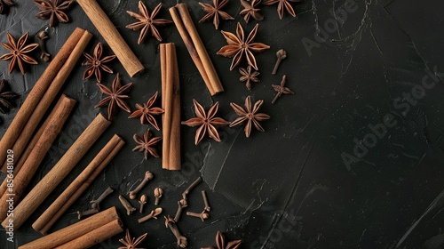 View from above of cinnamon sticks and star anises photo