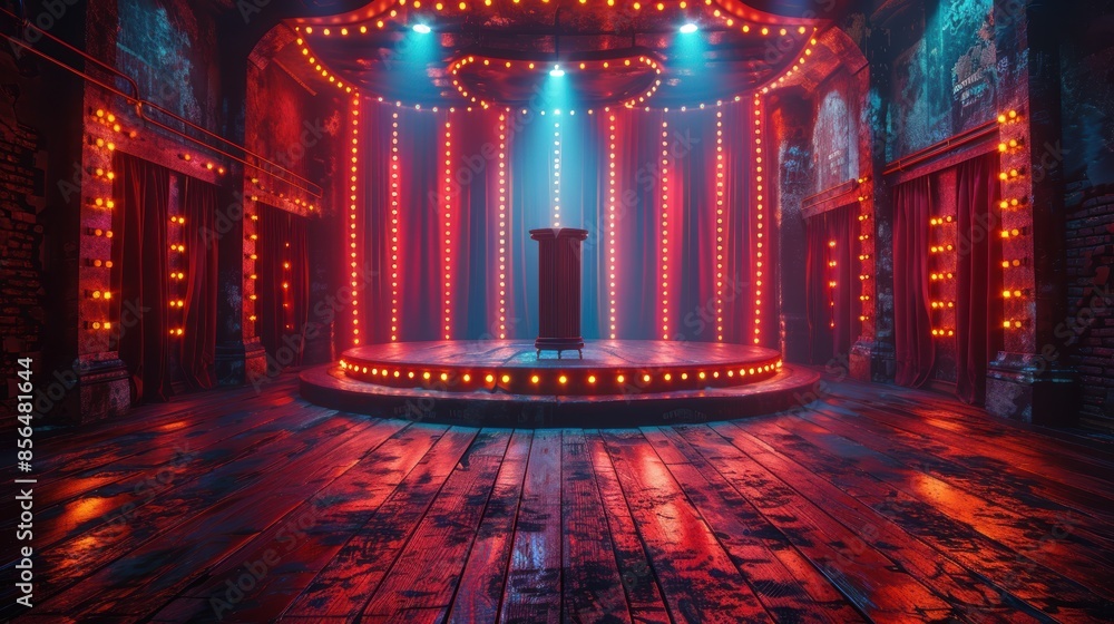 Obraz premium A vibrant, illuminated stage with red lights and a dark, rustic atmosphere, perfect for entertainment or performance themes.