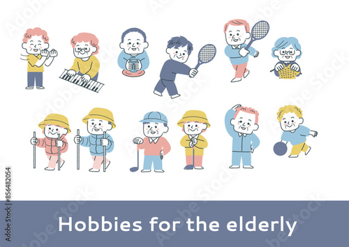 いろいろな趣味を楽しむシニアのイラストセット